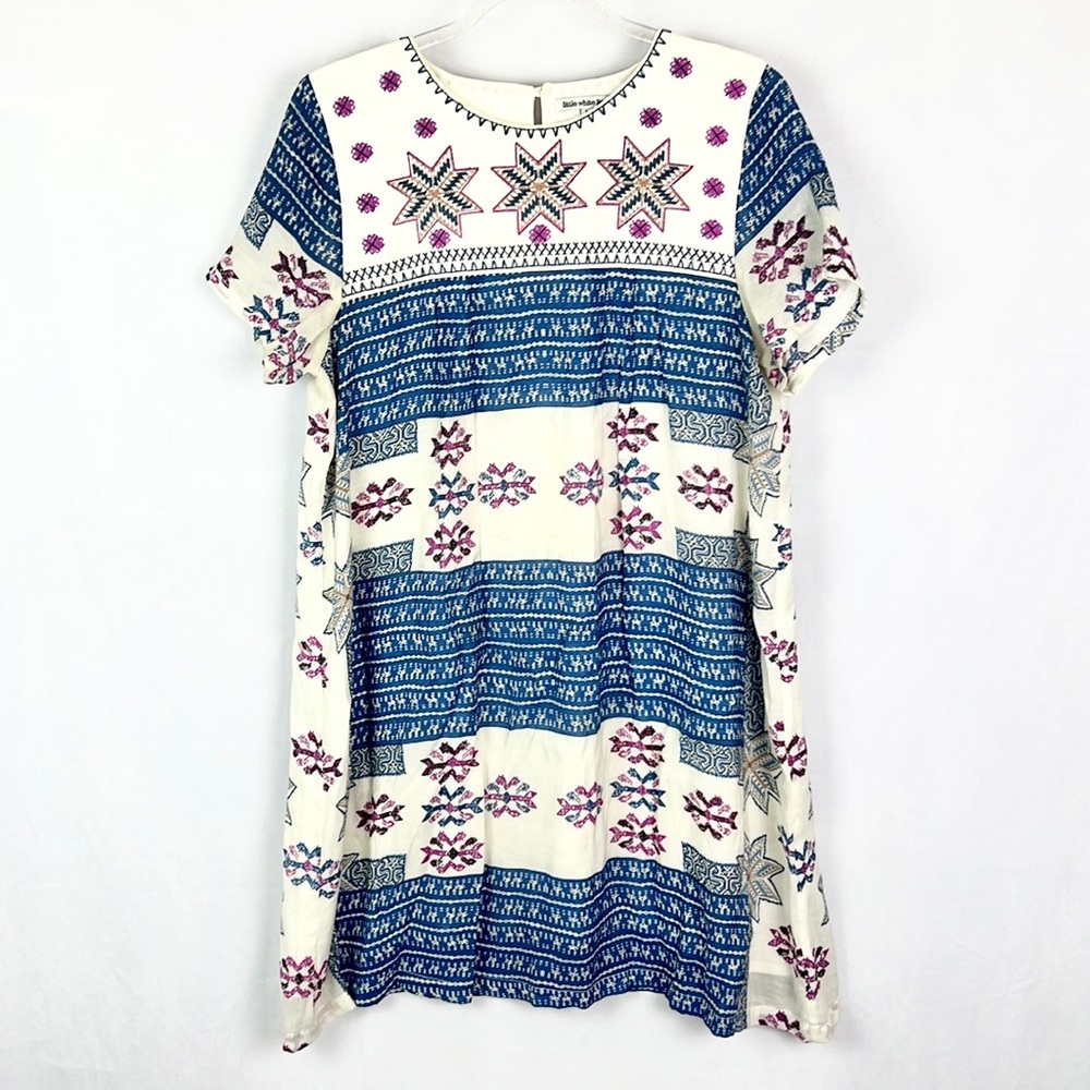 LITTLE WHITE LIES |🧵💗 Cornflower Blue Pink Boho Embroidered Stitch Shift Dress